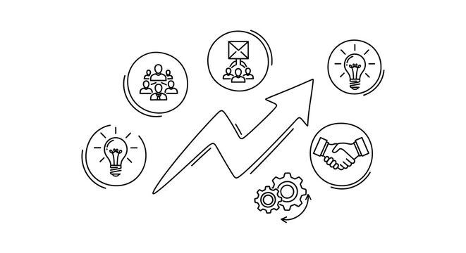 Business growth, success, and strategy icons, line art style, vector graphics, white background