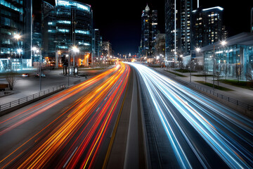 Obraz premium Vibrant streaks of car lights illuminate a busy city highway at night