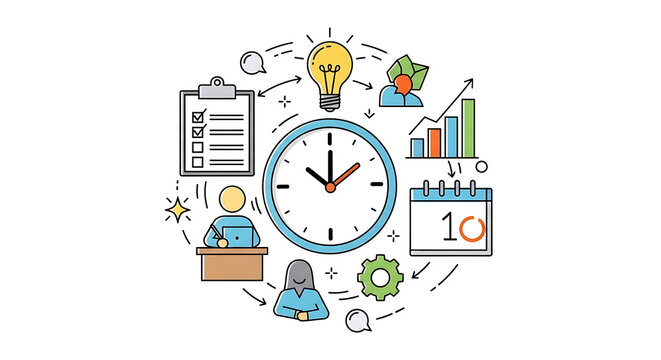 Business productivity icons, workflow management symbols, time management concepts, office organization graphics