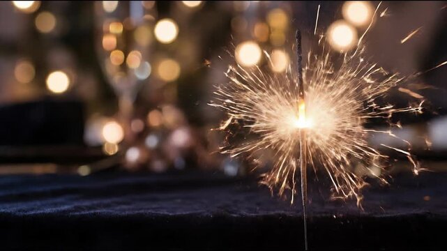 Dynamic radiant spark flutter on black concept. Close up of bright sparkler burning with festive bokeh lights in background celebrating holidays and events