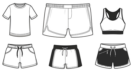 Naklejka premium Athletic Wear Vector Illustration Set: Sportswear Apparel Templates for Fitness Clothing Design, Gym Outfit Mockups, and Active Lifestyle Graphics