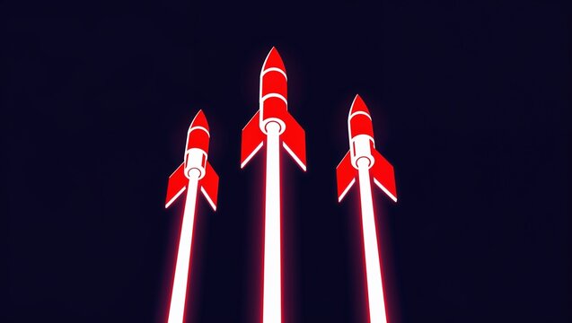 Three neon rockets accelerating upward on a dark background, startup growth speed and business launch concept