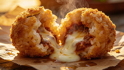 Steaming Hot Arancini with Melted Mozzarella Cheese Pull: Traditional Italian Fried Rice Ball with Ragu Filling and Crispy Golden Breadcrumb Crust