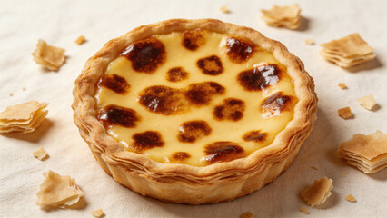 Traditional Portuguese Egg Custard Tart Pastel de Nata: Artisan Dessert Concept showing Flaky Puff Pastry and Caramelized Creamy Custard Filling for Gourmet Baking