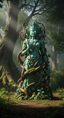 Fototapeta premium Ancient stone figure representing nature is enveloped by thick, woody vines in a sunlit forest clearing