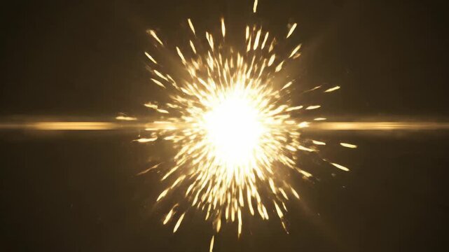 Dynamic radiant spark flutter on black concept. Bright golden starburst light with glowing particles and radiant beams on dark background