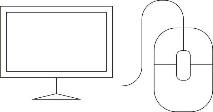 vector illustration of a computer mouse, Hand-drawn computer monitor outline illustration, desktop setup with blank screen and analytics dashboard. High-resolution PNG, tech, business, office workspac