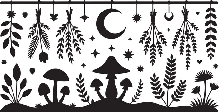 A mystical black and white illustration featuring hanging dried herbs and forest mushrooms at night. isolated on white background