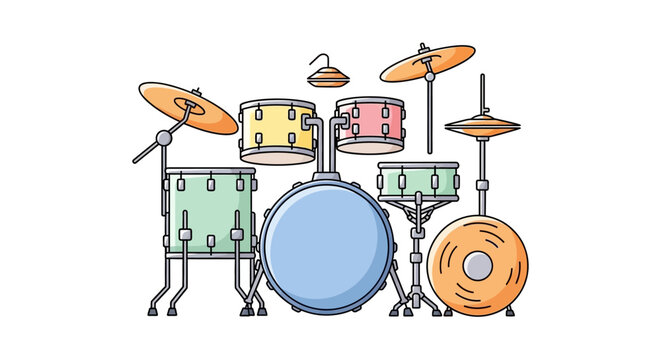 Drum set with colorful musical instruments.