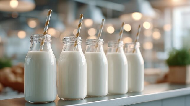 Four milk jugs with paper straws in them are lined up on a counter