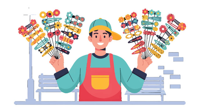 Vendor's Delight: A street vendor smiles, displaying vibrant hair clips, his array of cheerful accessories offering a burst of color and style.
