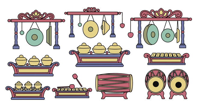 Gamelan Instruments on Wooden Stands.
