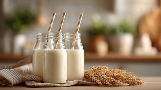 Three milk jugs with paper straws in them are on a table