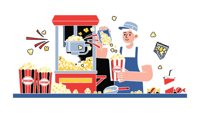 Popcorn Artisan: A dedicated popcorn maker prepares freshly made popcorn, a sweet, savory delight, as a cornerstone of cinema and leisure.