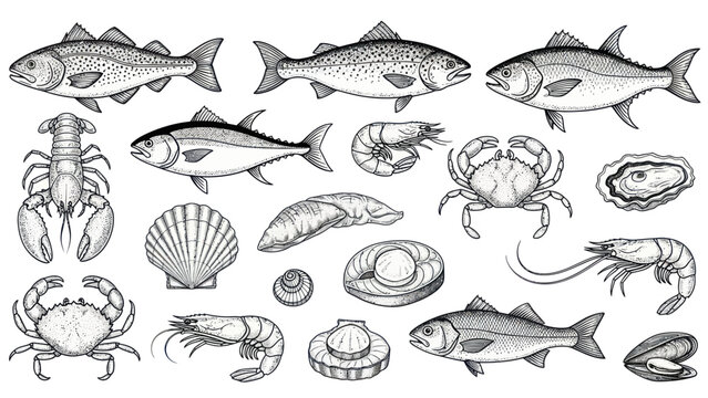 Collection of Seafood and Fish Illustrations.