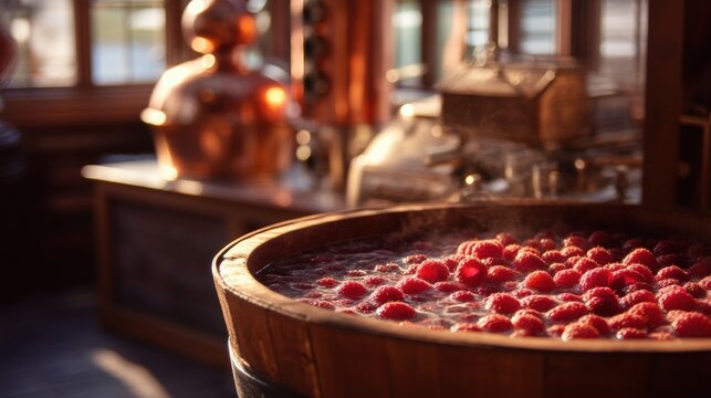 Raspberry fruit fermenting in wooden barrel at distillery. Traditional production of fruit brandy or schnapps in copper alembic background. Organic alcohol beverage making process.