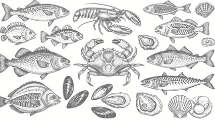Collection of Seafood and Shellfish Illustrations. © Yuni