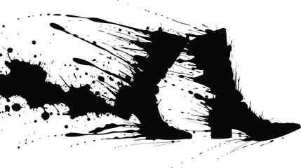 Obraz premium Dynamic black ink splatter in the shape of walking shoes silhouette on white background