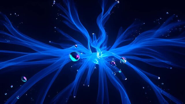 Bioluminescent blue filament burst glowing tendril floating liquid bead underwater nebula of motion and light glowing blue fiber optic strands radial abstract starburst soft motion blur luminous
