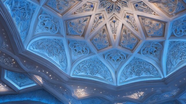 Detailed architectural blue ceiling with intricate geometric patterns and carvings. Ornate decorative plasterwork in luxury interior. Classic design element for architectural construction.