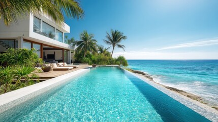 Naklejka premium Luxury villa with infinity pool overlooking tropical ocean. Modern house architecture with wooden deck and sunbed by seaside. Vacation home for travel, relaxation and summer holiday retreat.