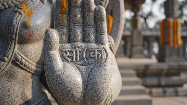 A detailed close-up of a grey stone hanuman statue's hand with sacred devanagari inscription and yellow mark, set in a temple.