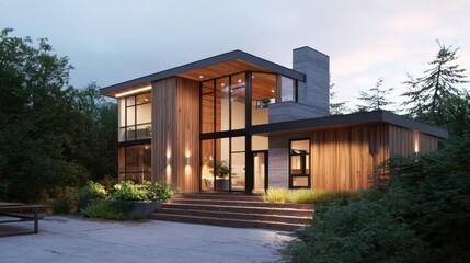 Fototapeta premium Modern wooden house with large glass windows in forest. Luxury villa architecture design at dusk. Contemporary residential building with lighting for real estate and home construction.