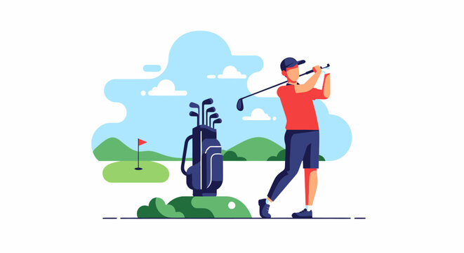 Man swinging golf club outdoors.