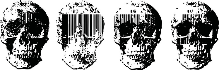 Obraz premium human skulls with barcode patterns on white background, monochrome graphic illustration