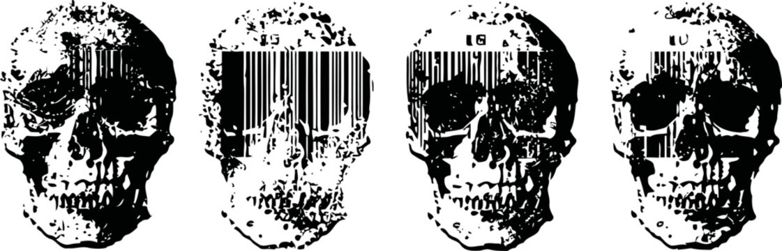 human skulls with barcode patterns on white background, monochrome graphic illustration