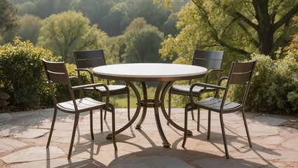 Obraz premium Round wooden outdoor dining table set with chairs in garden patio