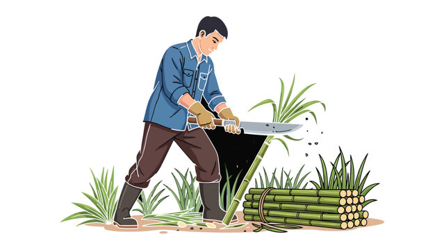 Sugarcane Harvest: A worker uses a machete to harvest sugarcane, showcasing the dedication of labor and traditional agriculture.