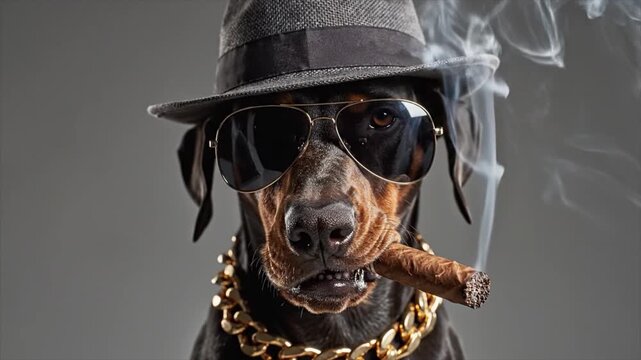 A dog wearing a fedora hat and sunglasses smokes a cigar.