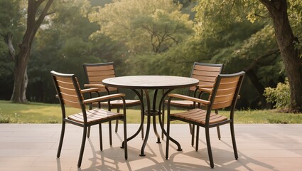 Obraz premium Round wooden outdoor dining table set with chairs in garden patio