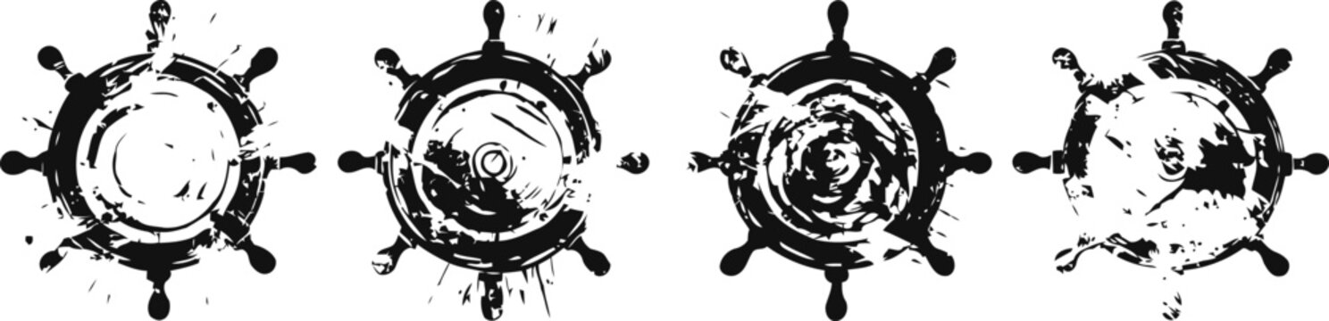 vintage ship steering wheels in black ink nautical helm collection with rustic texture and circular design