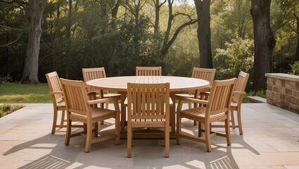 Obraz premium Round wooden outdoor dining table set with chairs in garden patio