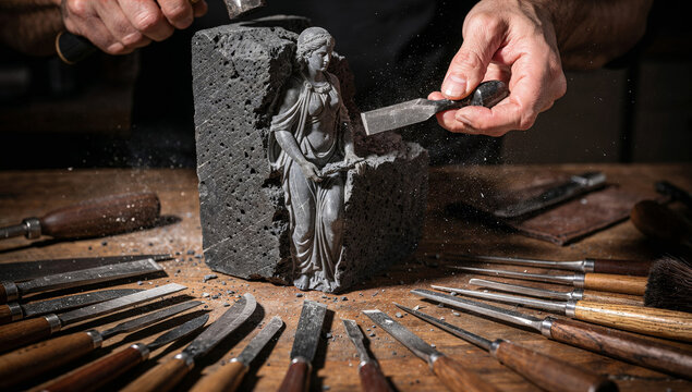 A sculptor using a hammer and chisel to carve a classical female figure from a block of porous dark stone, with stone dust and various carving tools spread across a wooden workbench