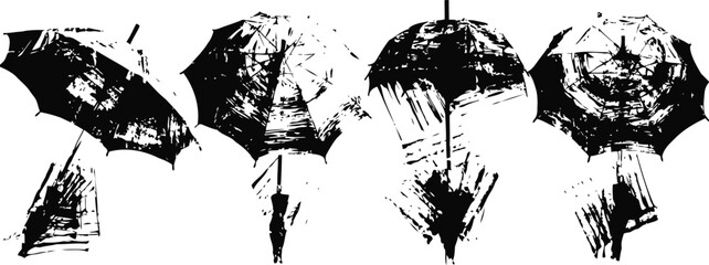 Obraz premium ink sketch women holding umbrellas in rainy urban street silhouettes walking in rain with umbrella protection