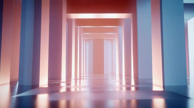 Long abstract corridor of repeating pillars forms a futuristic tunnel with glowing reflections on a smooth floor, emphasizing perspective, depth, progress and clean modern design