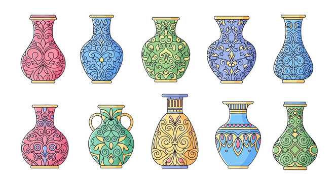 Collection of colorful ornate vases.