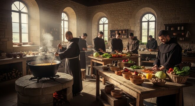 Group of religious men in robes preparing a large meal in a rustic stone kitchen