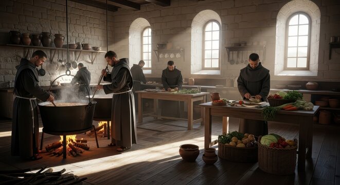 Monks prepare communal food in a large, historic stone kitchen setting
