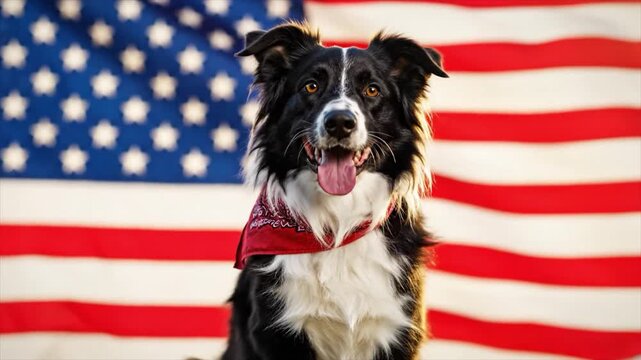 A happy black and white dog wearing a red bandana stands proudly in front of a large American flag.