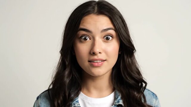 A young woman with dark wavy hair expresses surprise with wide eyes and an open mouth against a plain background
