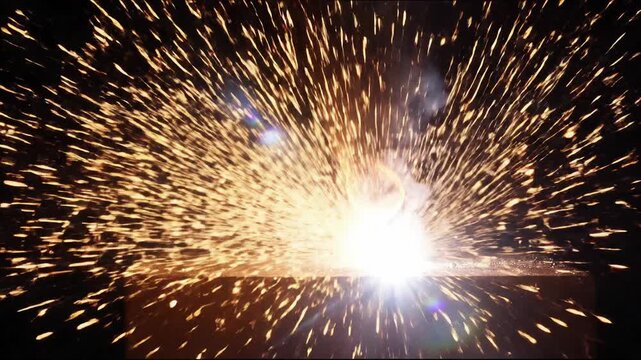 Dynamic radiant spark flutter on black concept. Close up of bright welding sparks with smoke and glowing metal in dark industrial setting