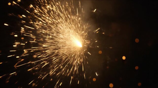 Dynamic radiant spark flutter on black concept. Sparkling golden firework explosion with bright glowing lights on dark background