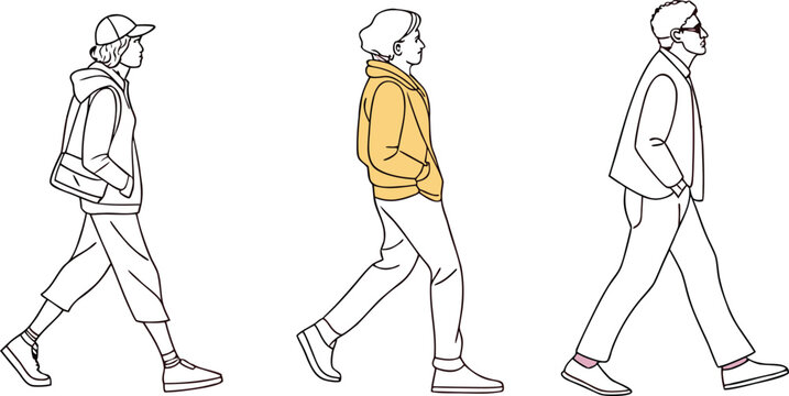 Minimalist line art people walking, set of three diverse characters in profile view, modern flat vector illustration for architectural rendering