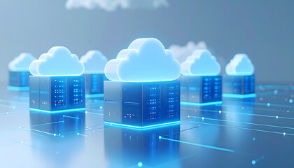 Fototapeta premium Cloud computing infrastructure with interconnected servers and glowing data, symbolizing scalable digital storage, modern IT solutions, and advanced network technology