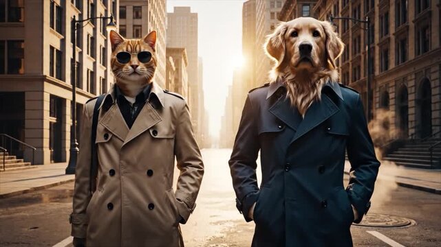 Anthropomorphic cat and dog in coats stand on city street