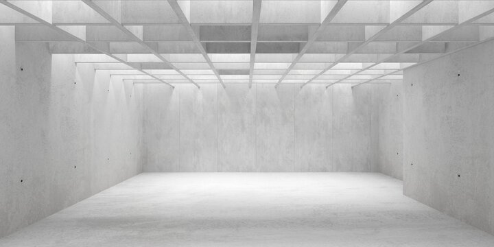 Modern brutalism concrete room with ceiling grid with random brightness lights and copy space - industrial interior background template